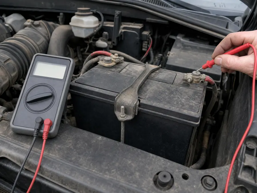 Açık motor kaputunun altında araç aküsü; multimetre probu kutup başına değiyor