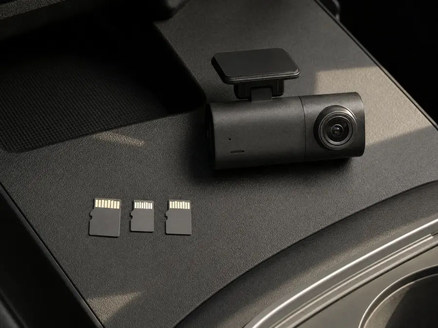 Araç konsolunda yan yana duran üç markasız microSD kart ve kompakt bir araç kamerası